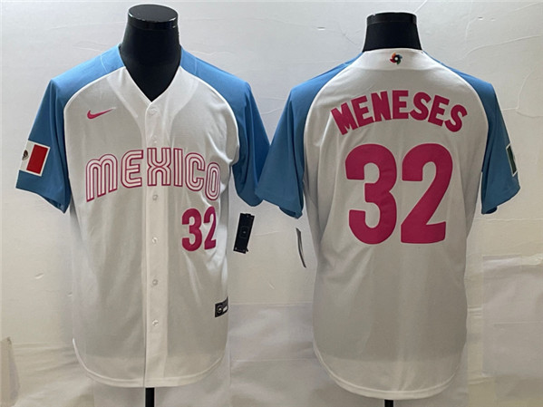 Men's Mexico Baseball #32 Joey Meneses 2023 White Blue World Baseball Classic Stitched Jersey